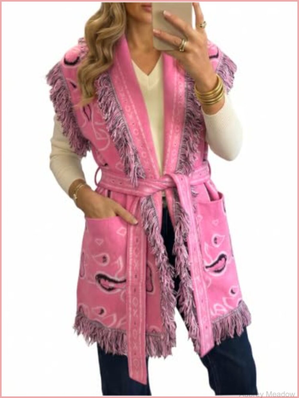 Women's Sleeveless Long Cardigan, Boho Paisley Knit Fringe Vest with Belt &